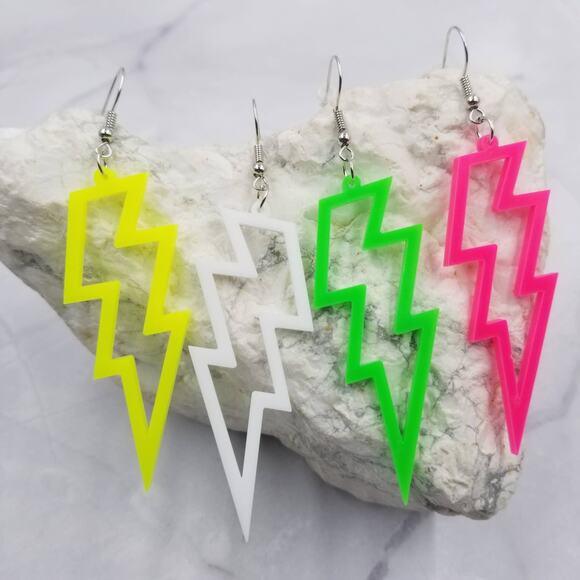 Hollow Lightning Bolt Acrylic Dangle Earrings White - Picture 2 of 2